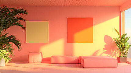 A vibrant, modern interior featuring peach walls, colorful artwork, and lush greenery, creating a warm and inviting atmosphere