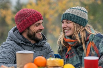 Fototapeta premium Couple enjoying a cozy picnic in nature during autumn while sharing laughter and local fruits