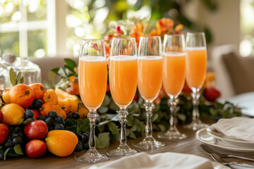 Table with glasses of orange juice and fruit.