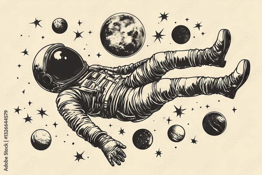 Poster astronaut floating in space surrounded by stars and planets creates a captivating cosmic scene