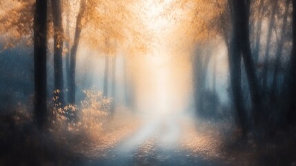 Obraz premium Mystical autumn forest path shrouded in fog, sunlight breaking through trees.