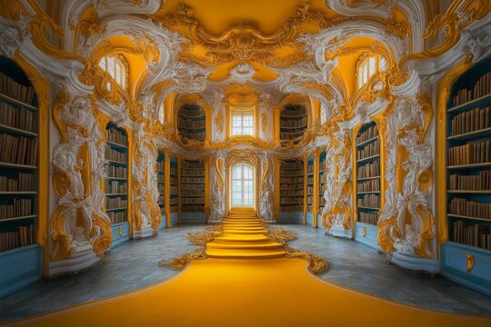 Stunning baroque library features ornate architecture and vibrant yellow accents in a historic setting