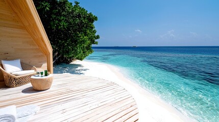 Obraz premium Luxurious Beachfront Bungalow Retreat Ocean View Tropical Getaway