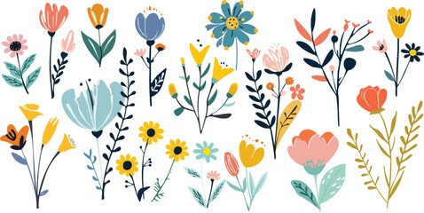 Colorful floral vector set in fleur-de-lis style. EPS format allows easy editing and resizing. Ideal for cards, prints, packaging, scrapbooking, and web design.
