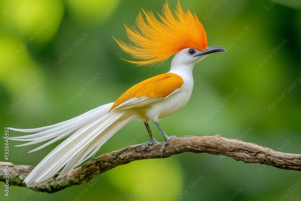 Poster colorful bird with vibrant orange plumage perched on a branch in a tropical forest setting