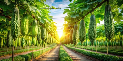 Obraz premium Aerial view: A thriving bitter gourd farm, vibrant green vines laden with ripe, hanging gourds.