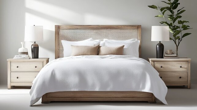 A cozy white farmhouse-style bed with a rustic headboard against a clean background.