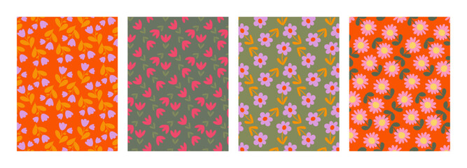 Set of greeting cards / posters in a modern minimalistic style. illustrations of wildflowers, Narcissus flower, Crocus flowers, tulip flower, flowers in vase, bouquet. Hand drawn Floral invitation.