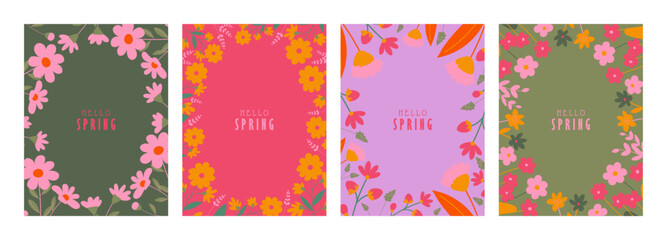 Set of greeting cards / posters in a modern minimalistic style. illustrations of wildflowers, Narcissus flower, Crocus flowers, tulip flower, flowers in vase, bouquet. Hand drawn Floral invitation.