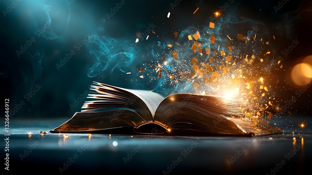 Poster prismatic spectrum illuminating an open book symbolizing the study of optics and wave particle duali