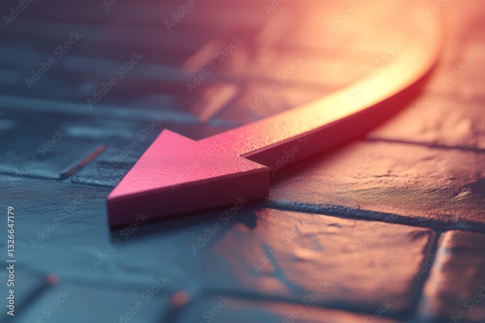 Poster Curved pink arrow pointing on textured surface illuminated with warm colors