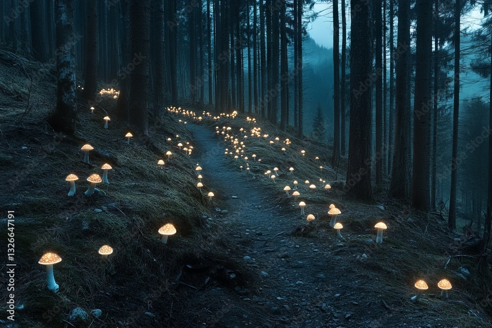 Poster enchanted forest path illuminated by glowing mushrooms during twilight