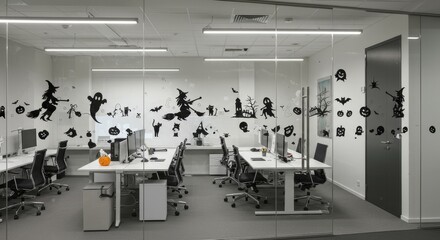 Spooky Season Office Glass Wall Decor - Modern office space decorated with Halloween-themed window clings. Symbolizing fun, creativity, festivity, autumn, and spooky spirit