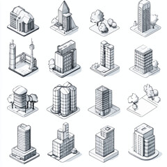 Isometric buildings architectural city design elements set sketch drawing