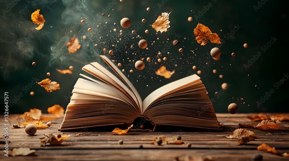 Poster an open book forming a levitating gyroscope representing the principles of angular momentum rotation