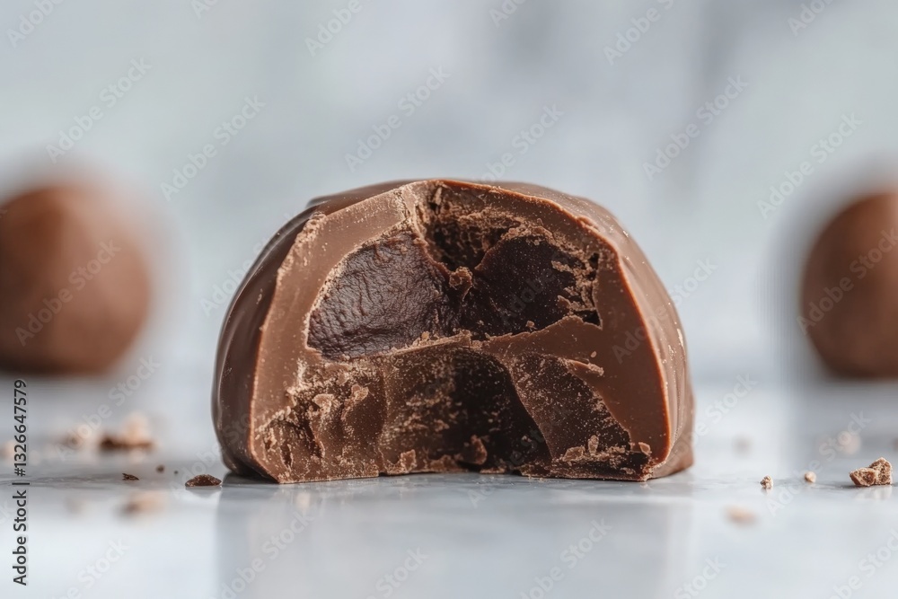 Poster delicious chocolate truffle cut in half exposing rich filling on a marble countertop with truffles i