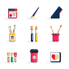 Set of colorful artistic tools, brushes, and paint for creative design.
