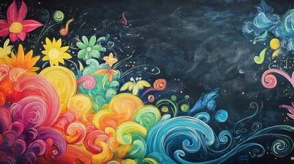 A colorful painting depicting flowers and abstract swirling shapes
