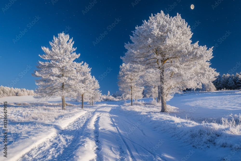 Poster snow-covered path lined with frosted trees on a clear winter night under a bright moon