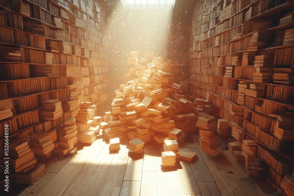 Poster books stacked and illuminated in a quiet library corner during sunlight hours
