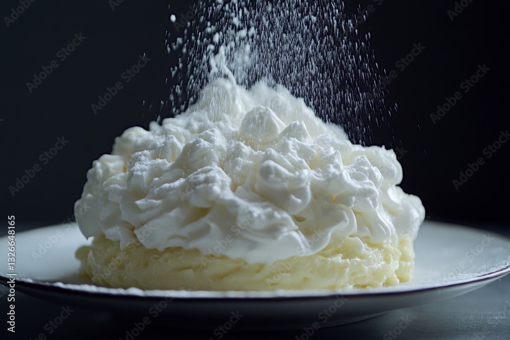 Poster creamy dessert topped with fluffy whipped cream being dusted with sugar in a dimly lit setting