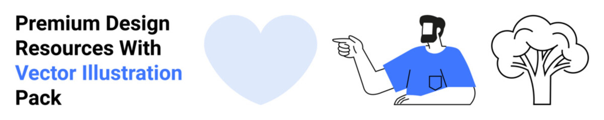 Man in blue shirt pointing at heart with tree outline nearby, symbolizing creativity, nature, and connection. Ideal for design, wellness, environment, art, marketing education flat landing page