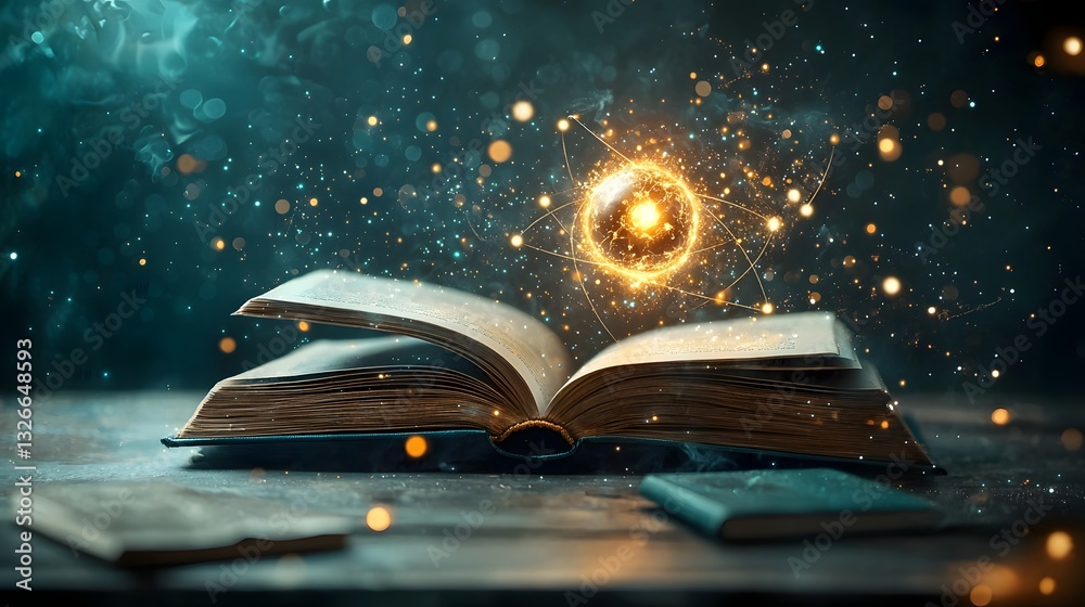 Aufkleber glowing atomic nucleus at the heart of an open book with electrons orbiting dynamically and fusion r