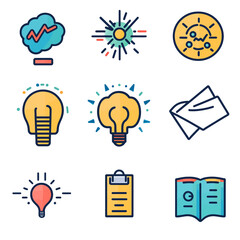 Creative Idea Icons: Brainstorm, Light Bulb, Problem Solving, Innovation.