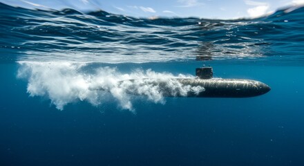 Fototapeta premium Submerged Torpedo: Ocean Depth - Powerful torpedo underwater, speed, motion, technology, warfare. Symbolizing power, stealth, precision, underwater warfare, and naval technology
