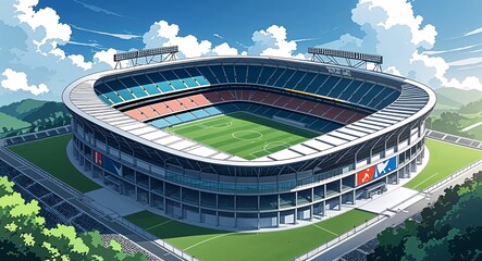 Football stadium building design on manga design illustration background