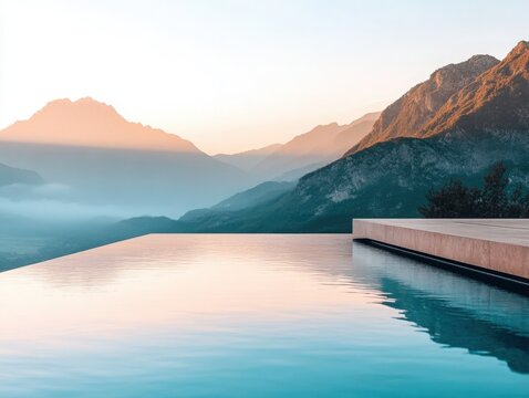 Serene Infinity Pool Overlooking Majestic Mountains at Sunrise, Symbolizing Tranquility and Luxury. Perfect for travel brochures, hotel websites, and spa advertising. - Powered by Adobe