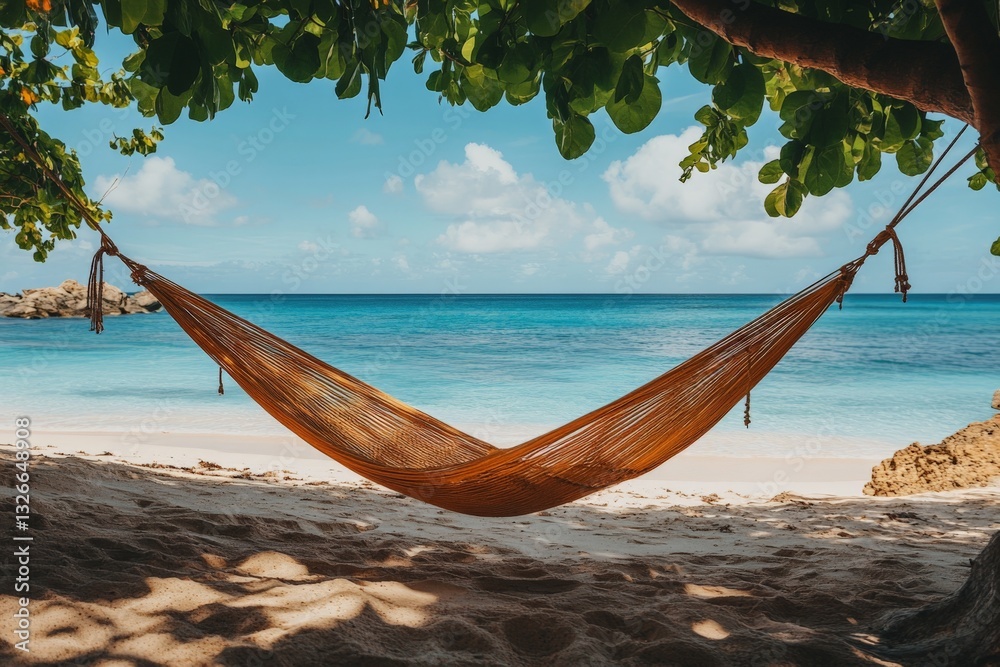 Poster relaxing in a hammock under trees by a tranquil beach with clear blue waters on a sunny day