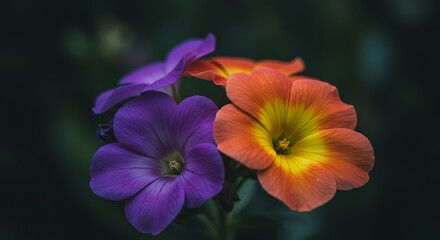 Close-up of Colorful Petunia Flowers in Bloom with Dark Background