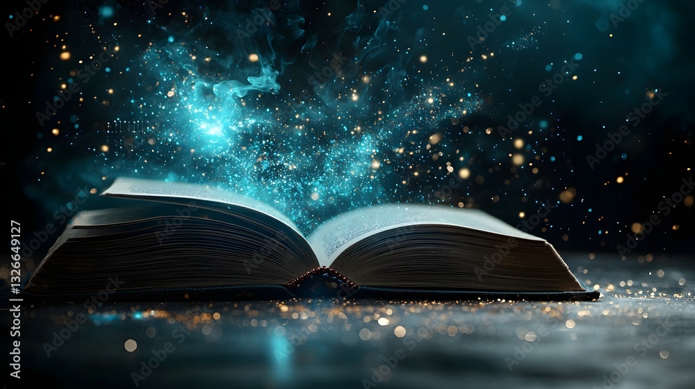 Poster innovative and futuristic image of an open book revealing a holographic periodic table of elements t