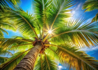 Fototapeta premium A stunning upward shot of palm trees in a vibrant tropical paradise, perfect vacation imagery.