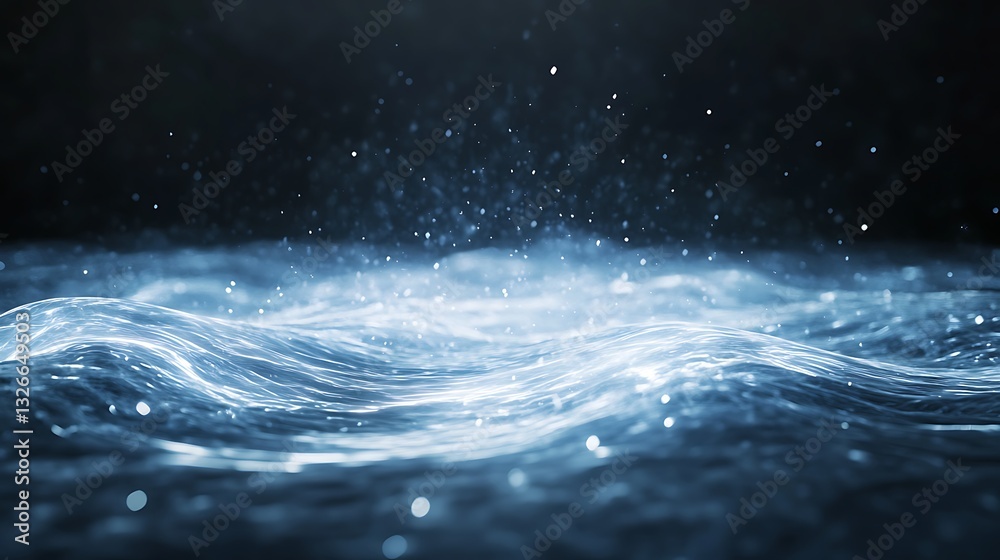 Poster rippling water surface with sparkling droplets under low light.