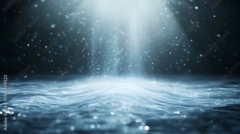 Poster mysterious light beams illuminating a calm water surface with droplets.