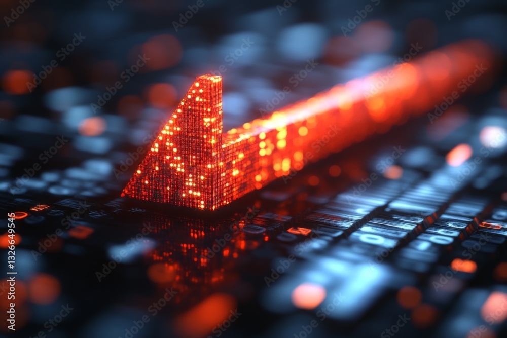 Poster colorful digital display on keyboard indicating an upward trend in analytics or finance