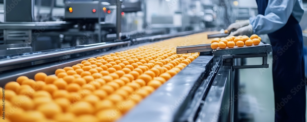 Poster food factory worker sorting oranges on conveyor belt