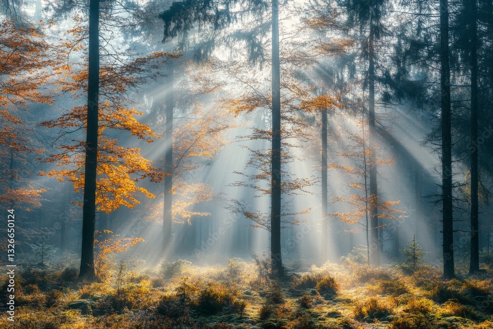 Poster Sunlight filters through tall trees in a tranquil forest during autumn mornings