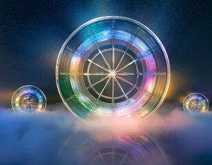 A set of hovering crystalline wheels spinning slowly amidst drifting fog, reflecting rainbow light beams
