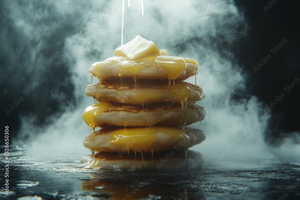 Aufkleber Stack of fluffy pancakes drizzled with syrup and topped with butter in a misty setting