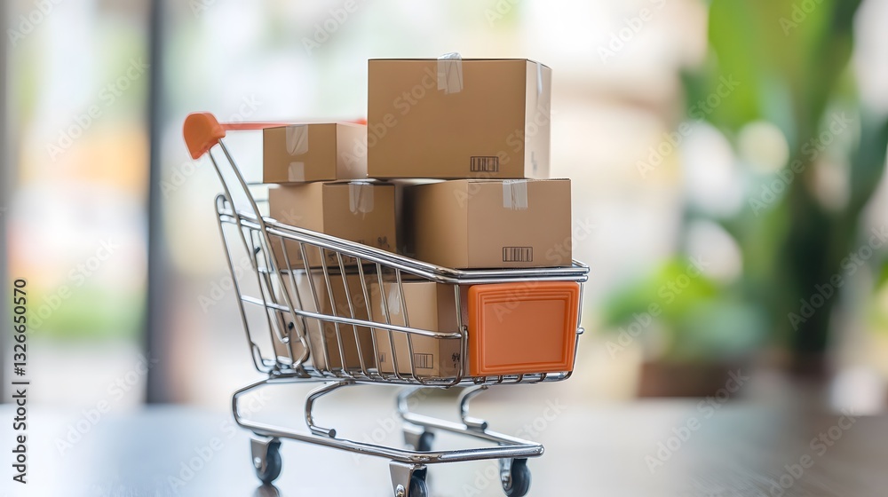Poster miniature shopping cart overflowing with cardboard boxes symbolizing online shopping
