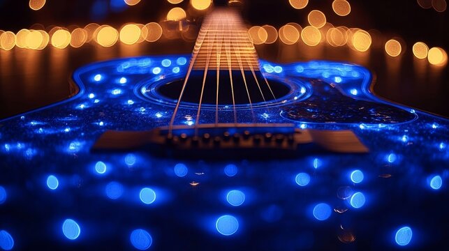 A blue guitar with twinkling lights embodies creativity and music in a magical atmosphere