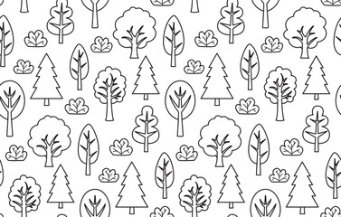 Seamless pattern with simple linear trees and bushes. Black and white background in doodle style
