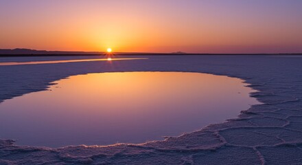 Obraz premium Sunset Over Salt Flat Puddle - Stunning sunset over a salt flat, reflecting the vibrant colors of the sky in a small puddle. Tranquil and serene landscape