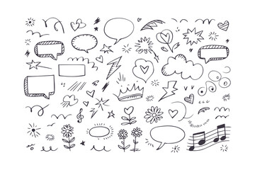 Hand Drawn Crayon Doodle Sticker Set, Cute Cloud, Flower, Star, Heart, and Childish Elements in Chalk Style. Vector Graphic Clipart Isolated Illustration.