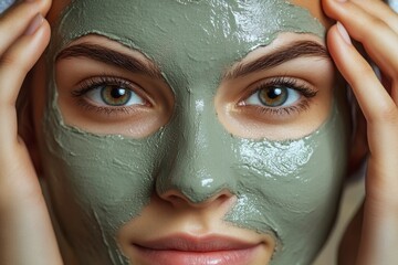 Fototapeta premium Beautiful Woman Face Mask Spa Treatment Green Clay Skincare up relax close model fresh clean beauty 