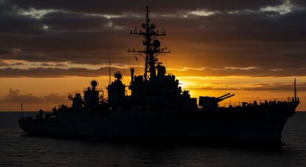 Sunset Silhouette of a Warship - A majestic warship silhouetted against a vibrant sunset, showcasing its powerful presence at sea