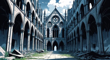 Gothic style abandoned cathedral building design on manga design illustration background
